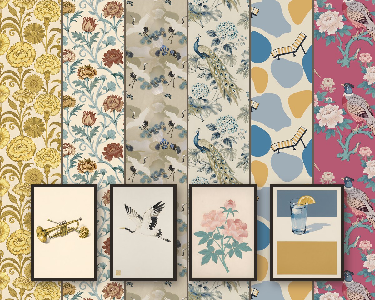 Strips of six hero patterns, from golden carnations and Jacobean florals to cranes, peacocks, poolside shapes and raspberry pheasants, with four framed prints in front: a trumpet, a crane in flight, a pink peony and a glass of iced lemon water
