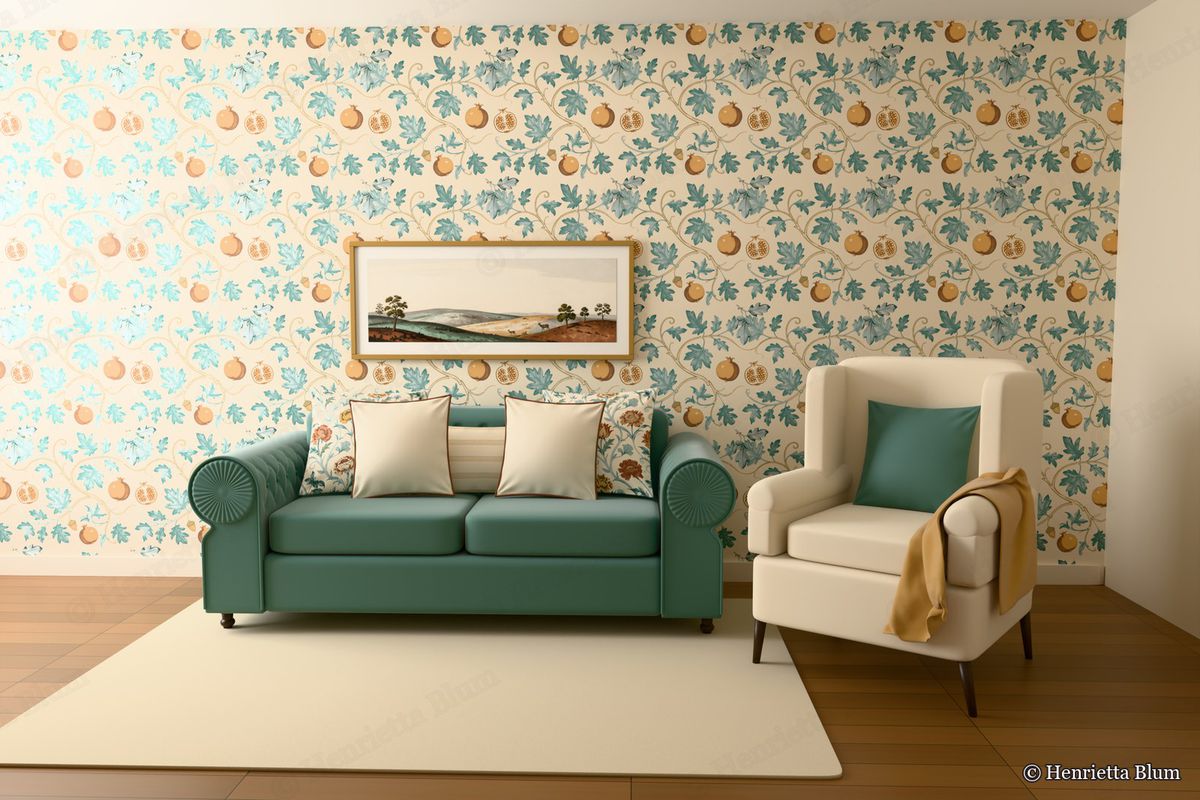 Room with oak-and-pomegranate wallpaper, a teal chesterfield and a cream armchair