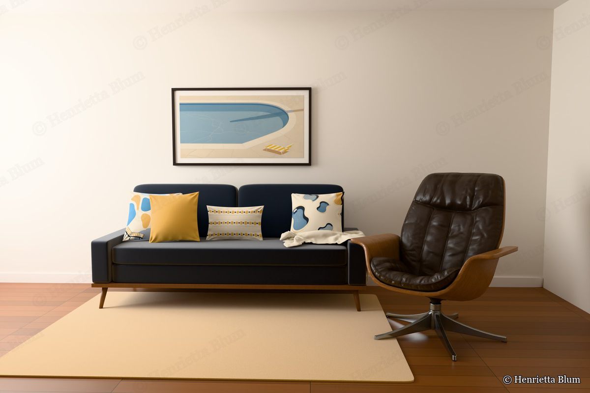 Navy mid-century sofa with pebble-and-lounger, mustard, bead-stripe and kidney-pool cushions, a leather lounge chair and a swimming-pool print